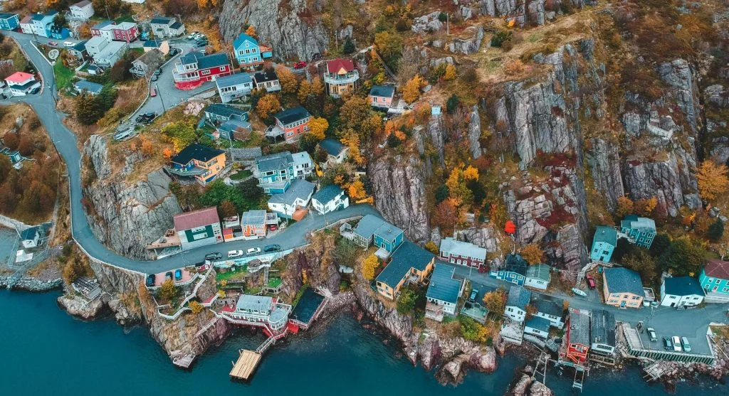 Canadian hill city with neighborhood viewpoints and layered streets