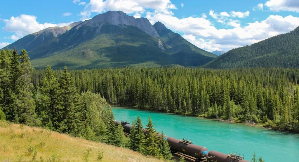 Scenic train traveling through Canadian landscape