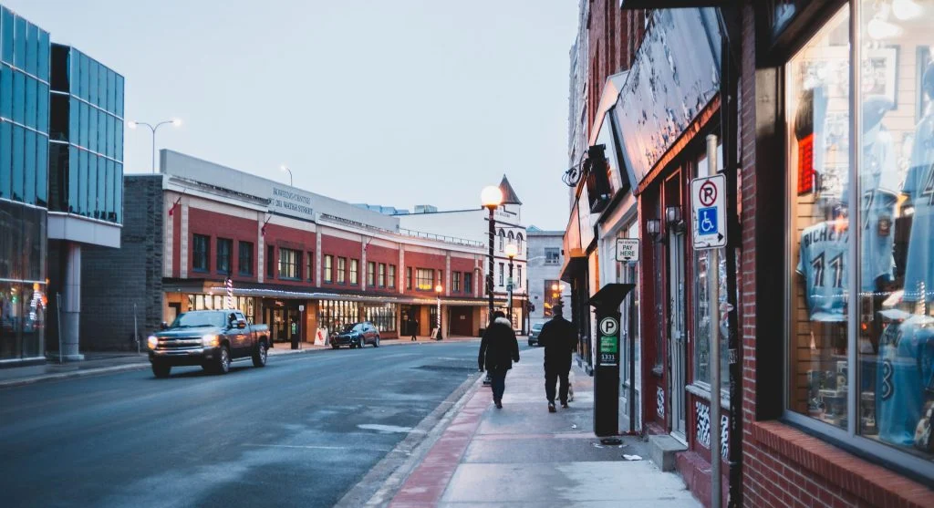 Market streets in Canada showing older storefronts and everyday commercial history